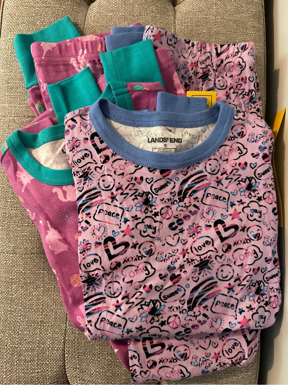 Lands' End Girls' Pink Patterned Heart & Smile Pajama Set with Blue Trim Bundle
